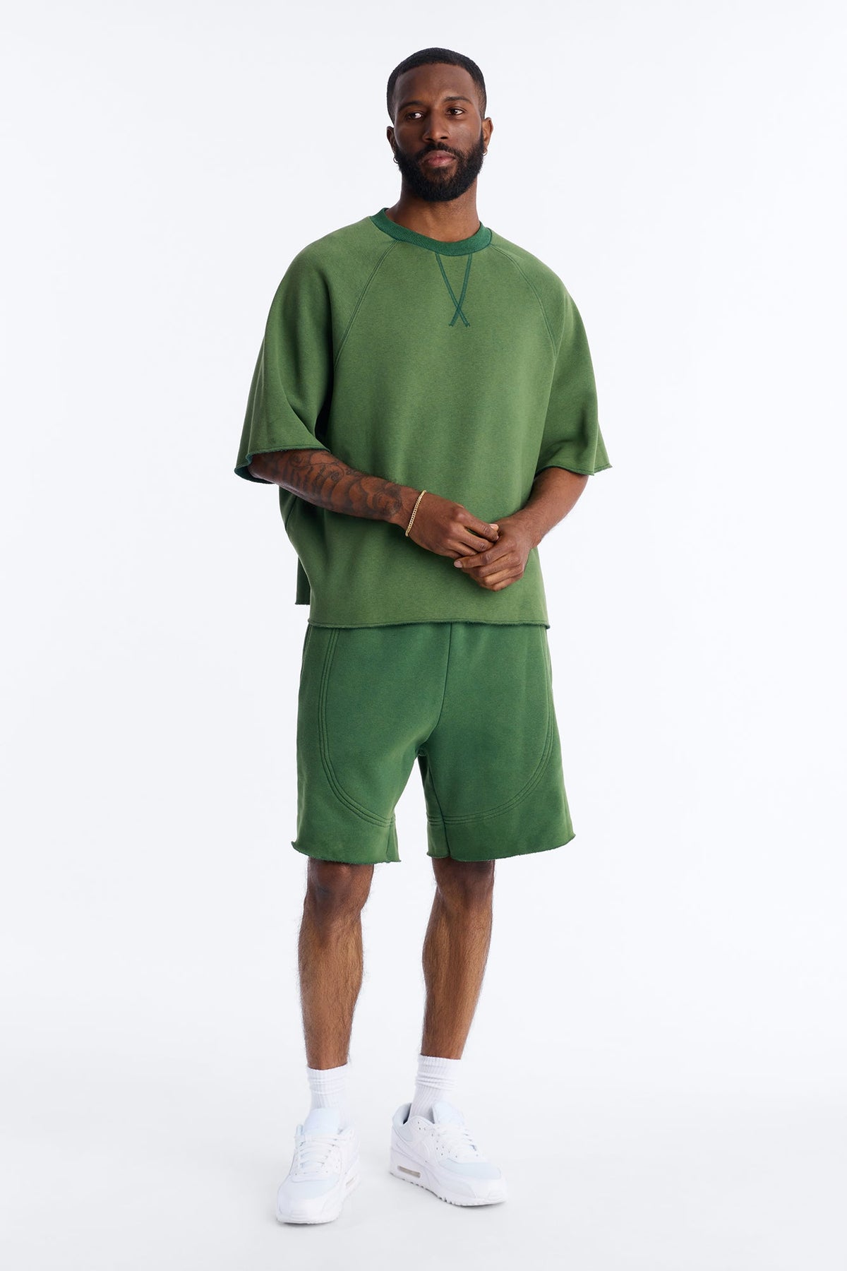 Washed Raw Edge Baggy Sweatshort - Green image 2