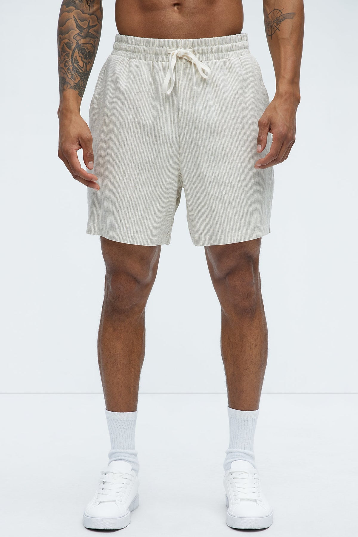 Twill Stripe Linen Shorts - Taupe/combo image 3