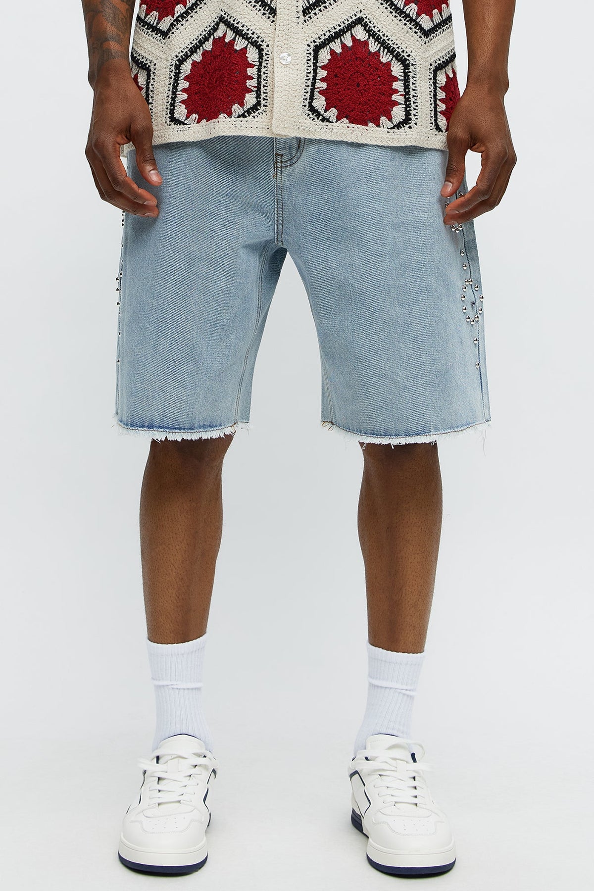 Relaxed Come In Clutch Studded Denim Shorts - Light Blue Wash image 1