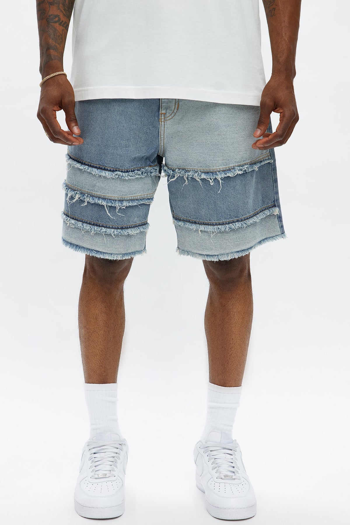 Relaxed Contrast With The Fray Denim Shorts - Medium Blue Wash image 1