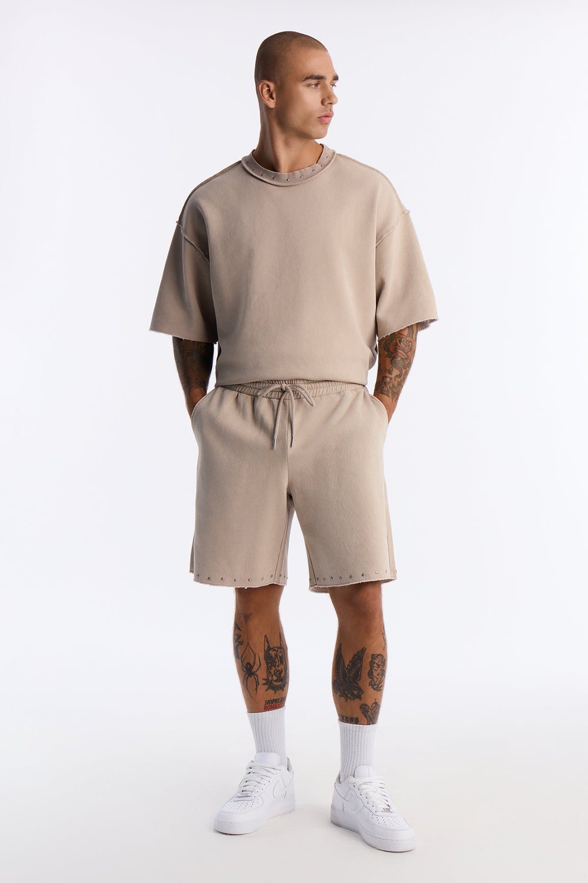 Relaxed Washed Raw Edge Studded Sweatshort - Stone image 1