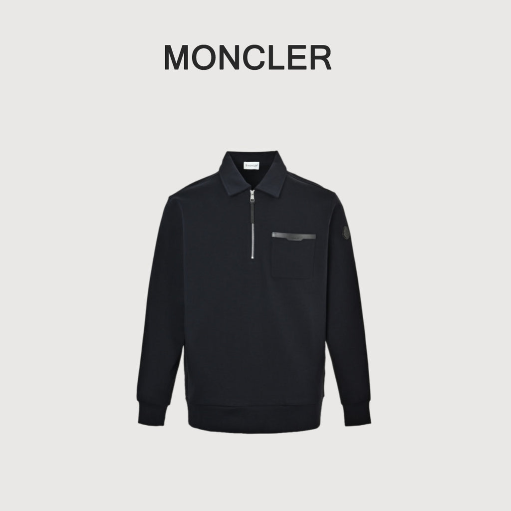 Moncler Leather-Logo Half-Zip Collared Sweatshirt