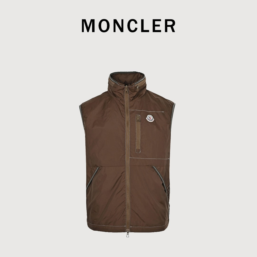 Moncler MC Logo Brown Zip-Pocket Vest with Hidden Hood