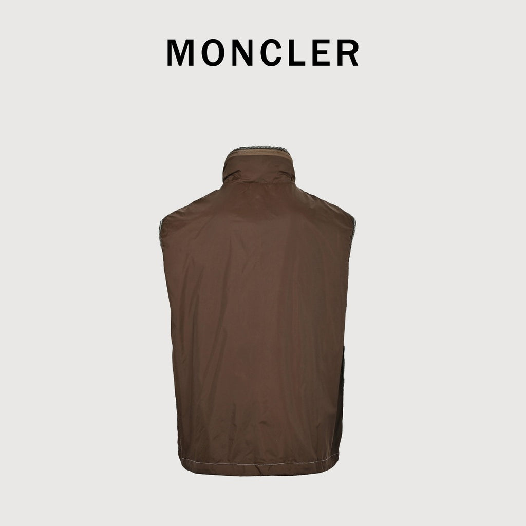 Moncler MC Logo Brown Zip-Pocket Vest with Hidden Hood