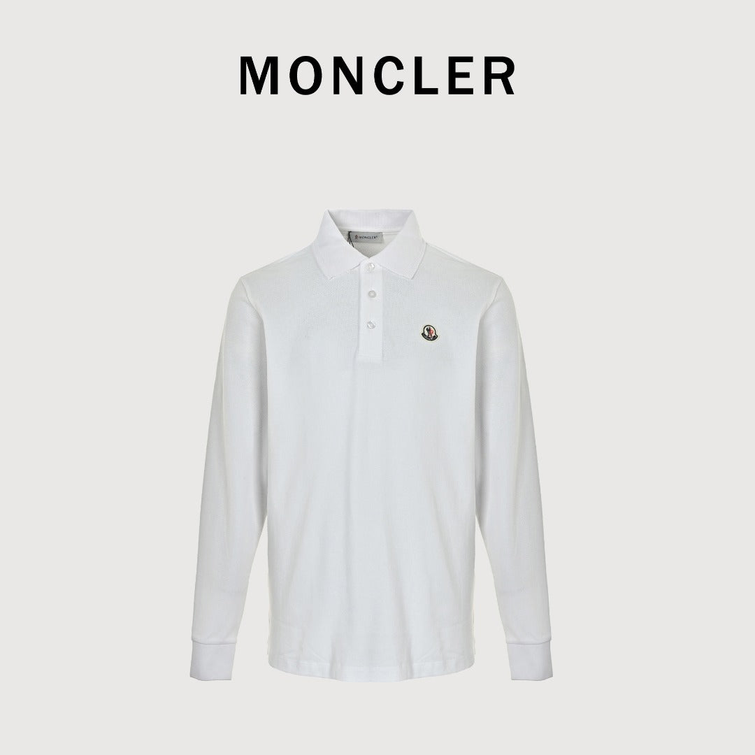 Moncler 26SS White Ribbed-Collar Long-Sleeve Polo