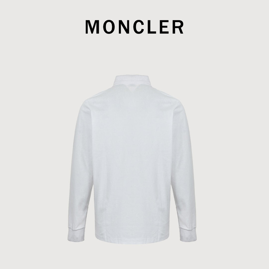Moncler 26SS White Ribbed-Collar Long-Sleeve Polo
