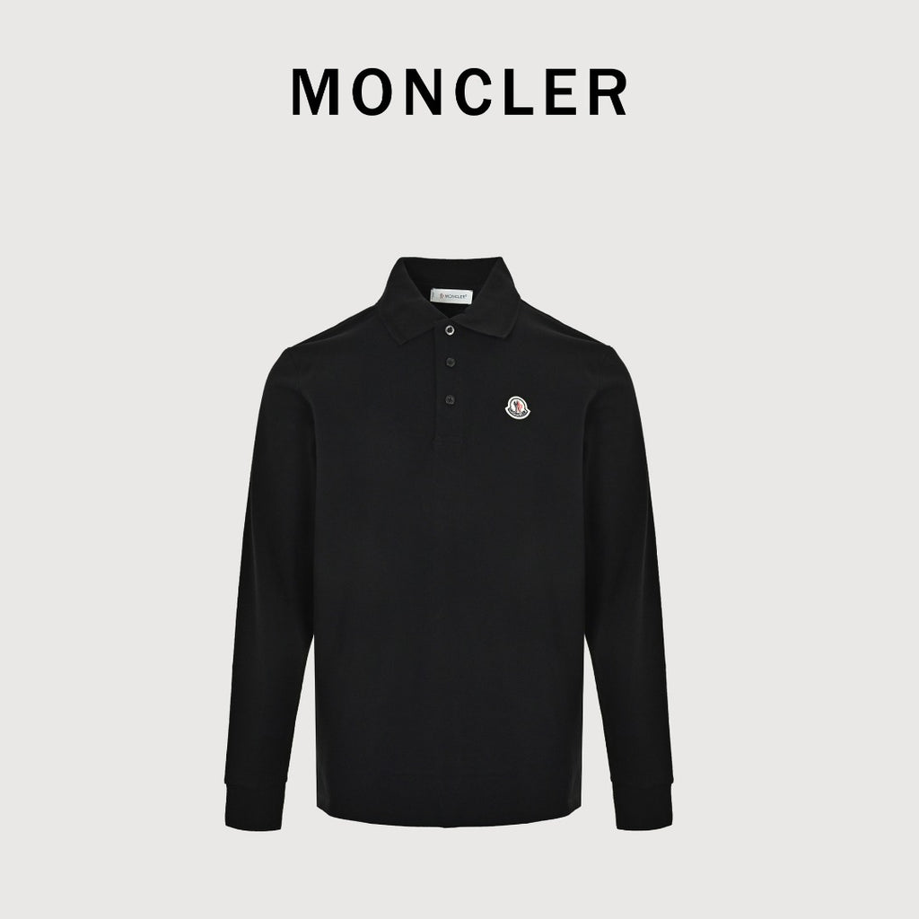 Moncler 26SS Black Ribbed-Collar Long-Sleeve Polo