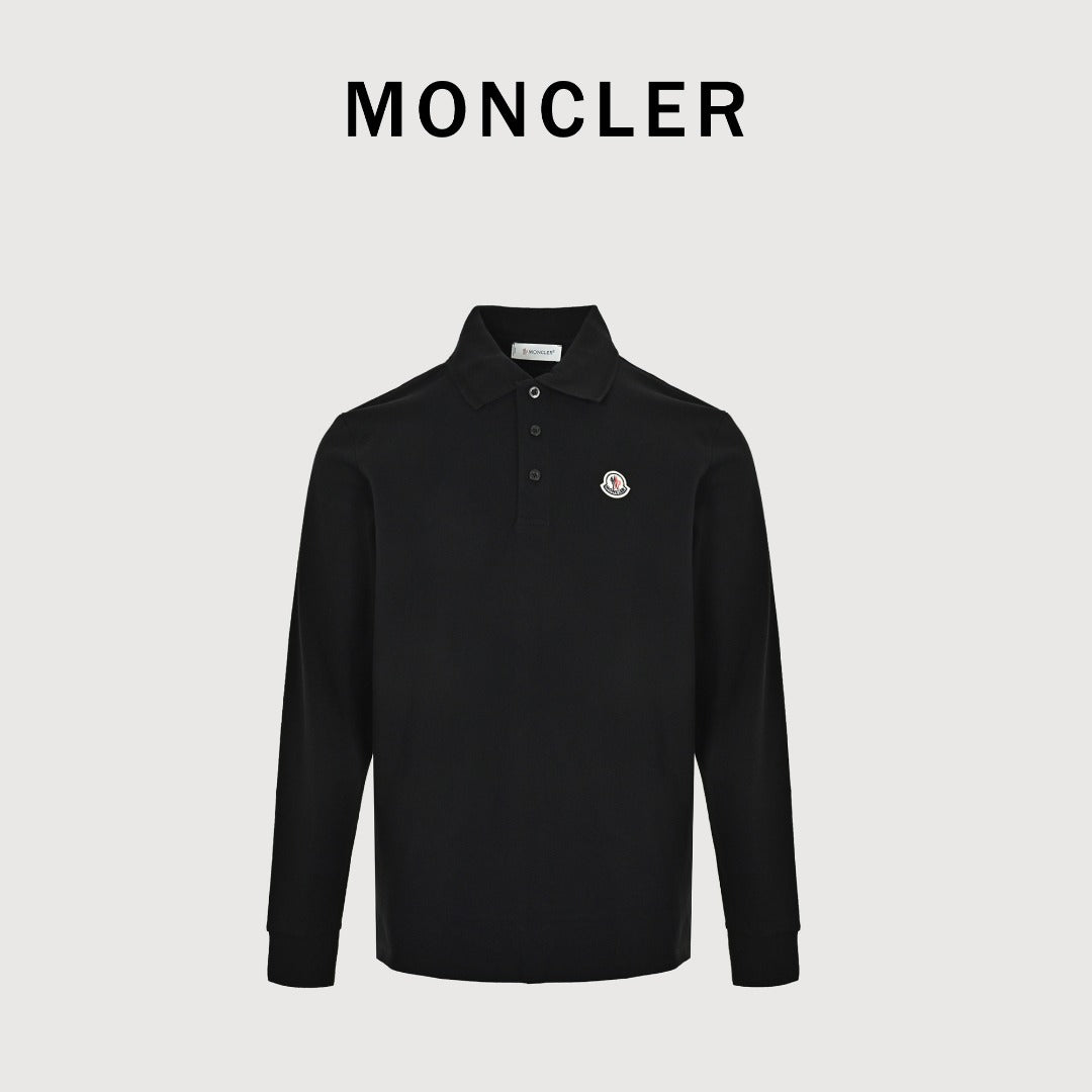 Moncler 26SS Black Ribbed-Collar Long-Sleeve Polo