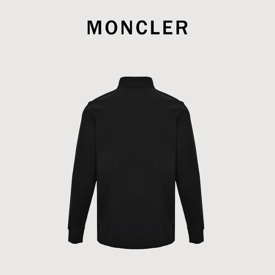 Moncler 26SS Black Ribbed-Collar Long-Sleeve Polo