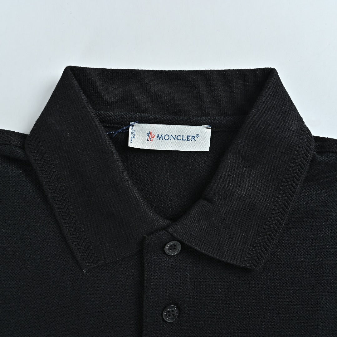 Moncler 26SS Black Ribbed-Collar Long-Sleeve Polo