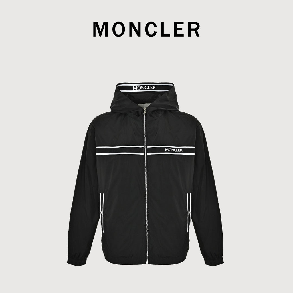 Moncler Black Hooded Zip Jacket with Logo Tape Trim