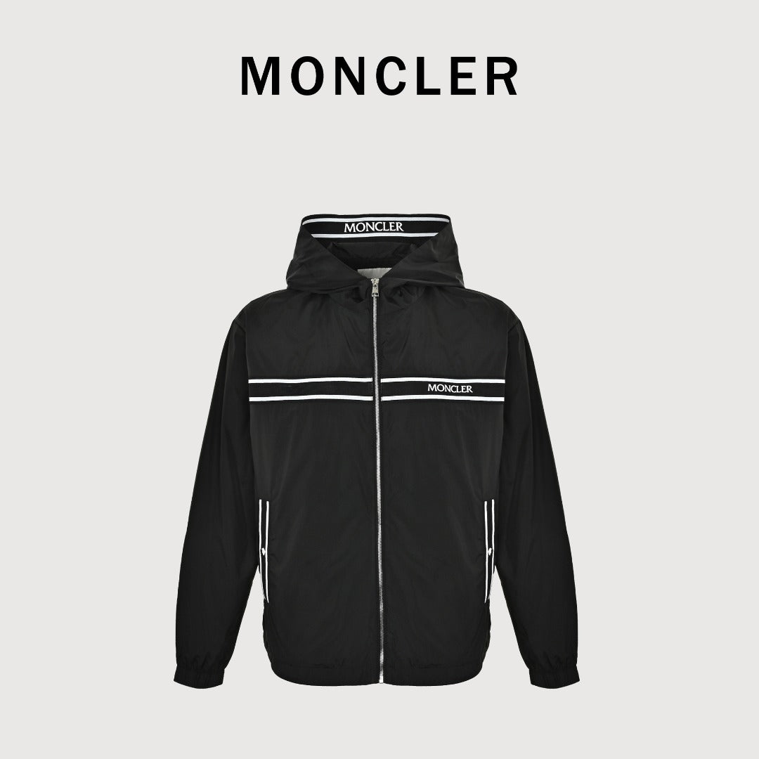 Moncler Black Hooded Zip Jacket with Logo Tape Trim