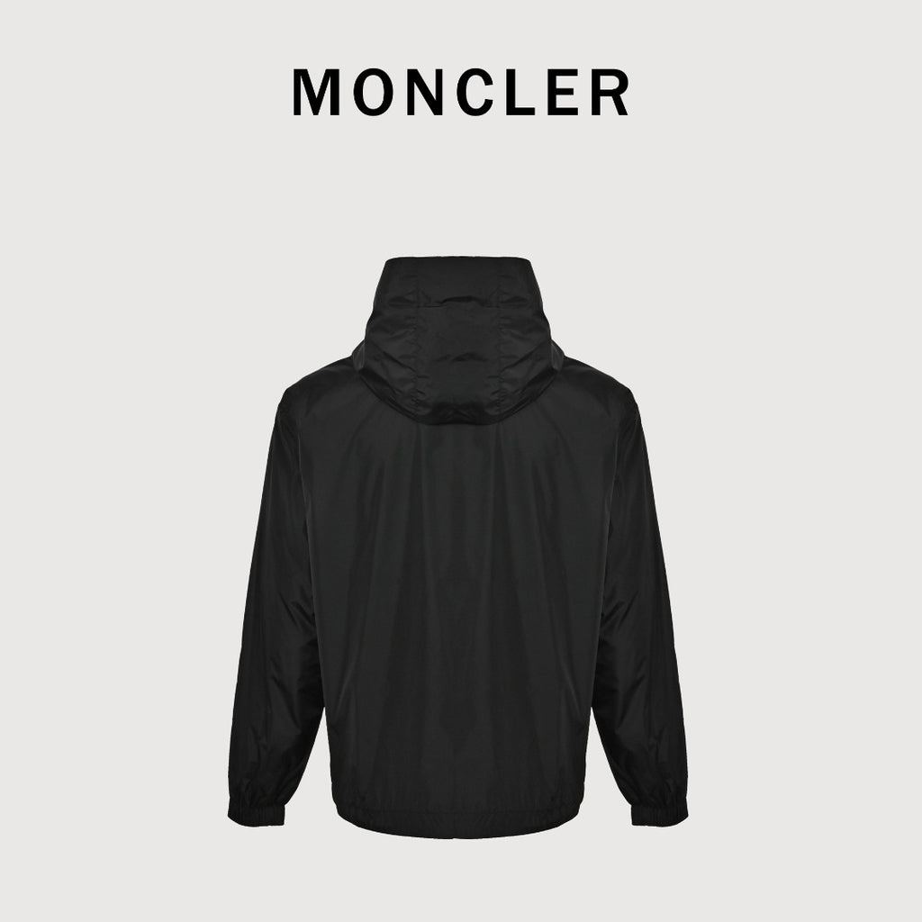 Moncler Black Hooded Zip Jacket with Logo Tape Trim