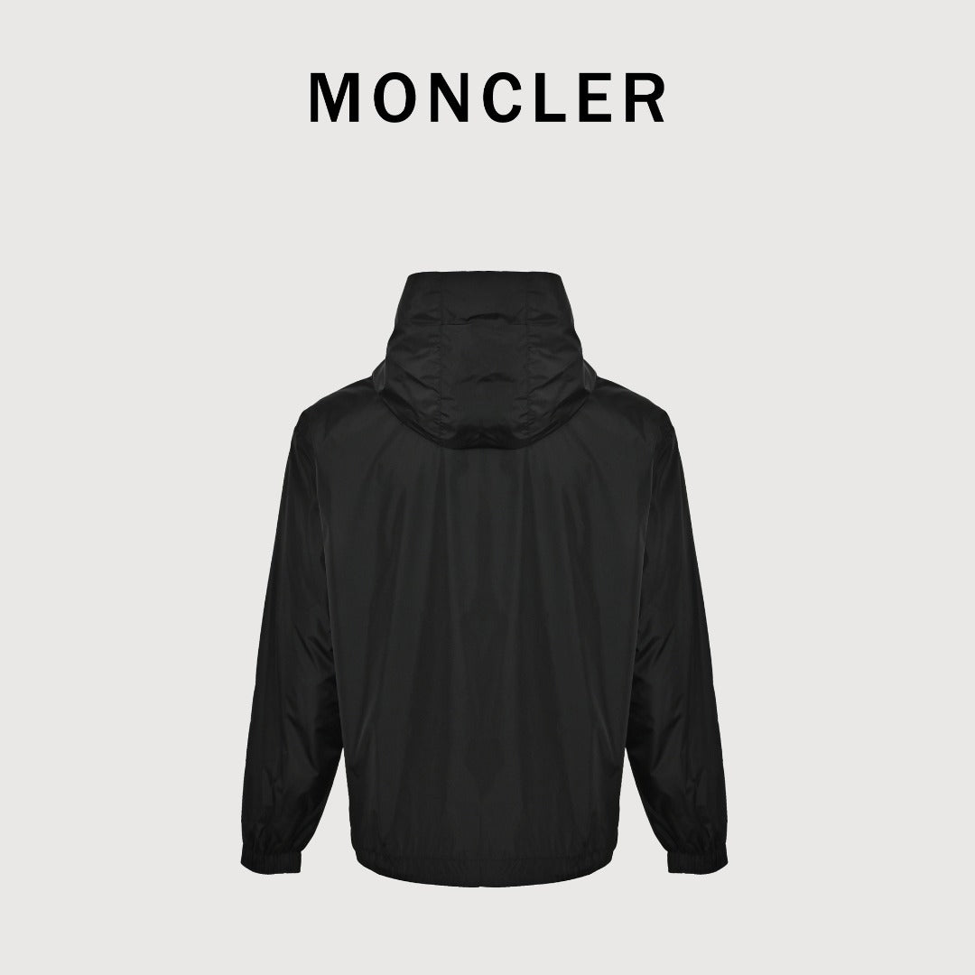 Moncler Black Hooded Zip Jacket with Logo Tape Trim