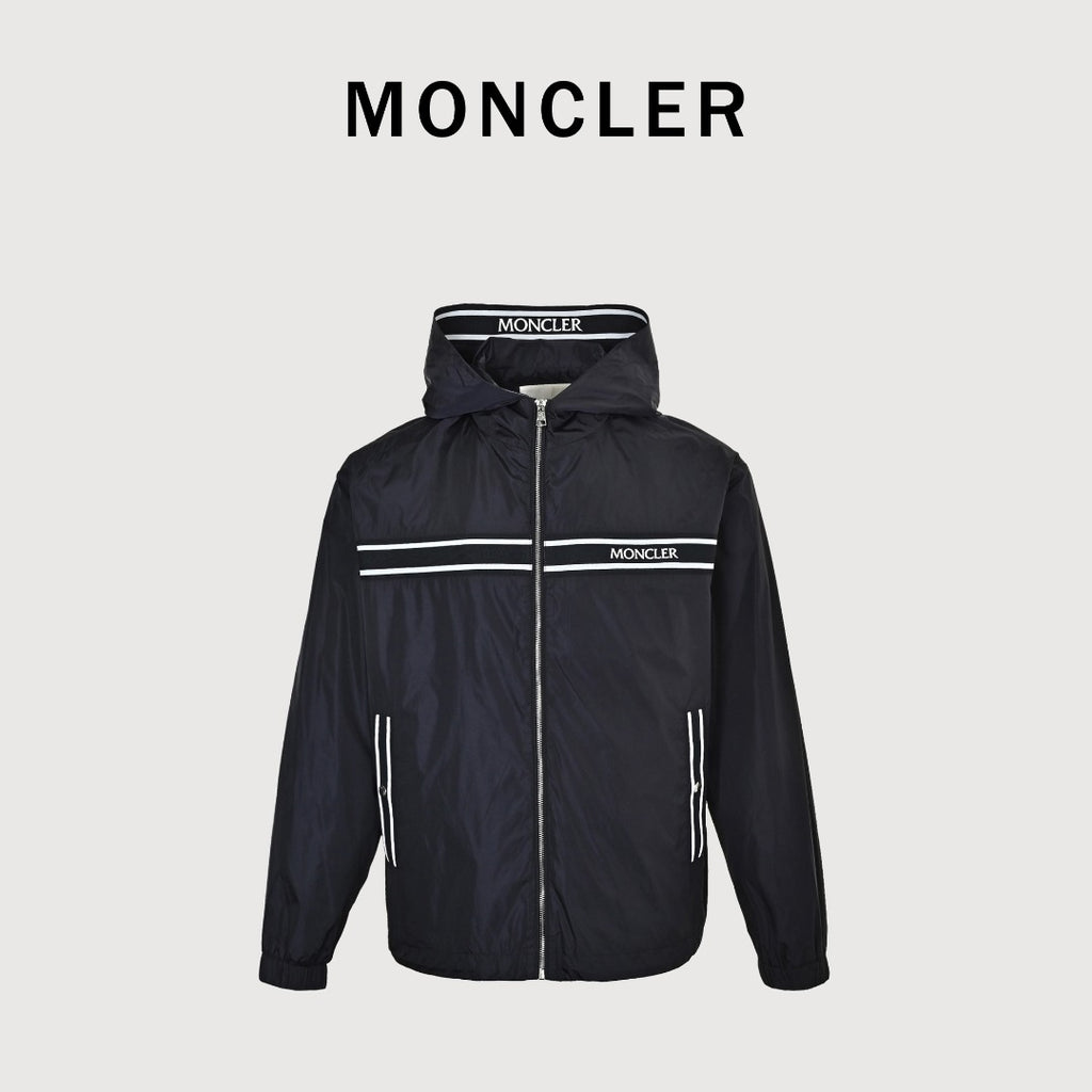 Moncler Navy Hooded Zip Jacket with Logo Tape Trim