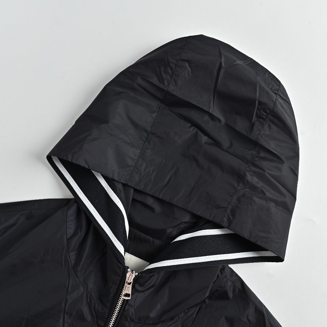 Moncler Navy Hooded Zip Jacket with Logo Tape Trim
