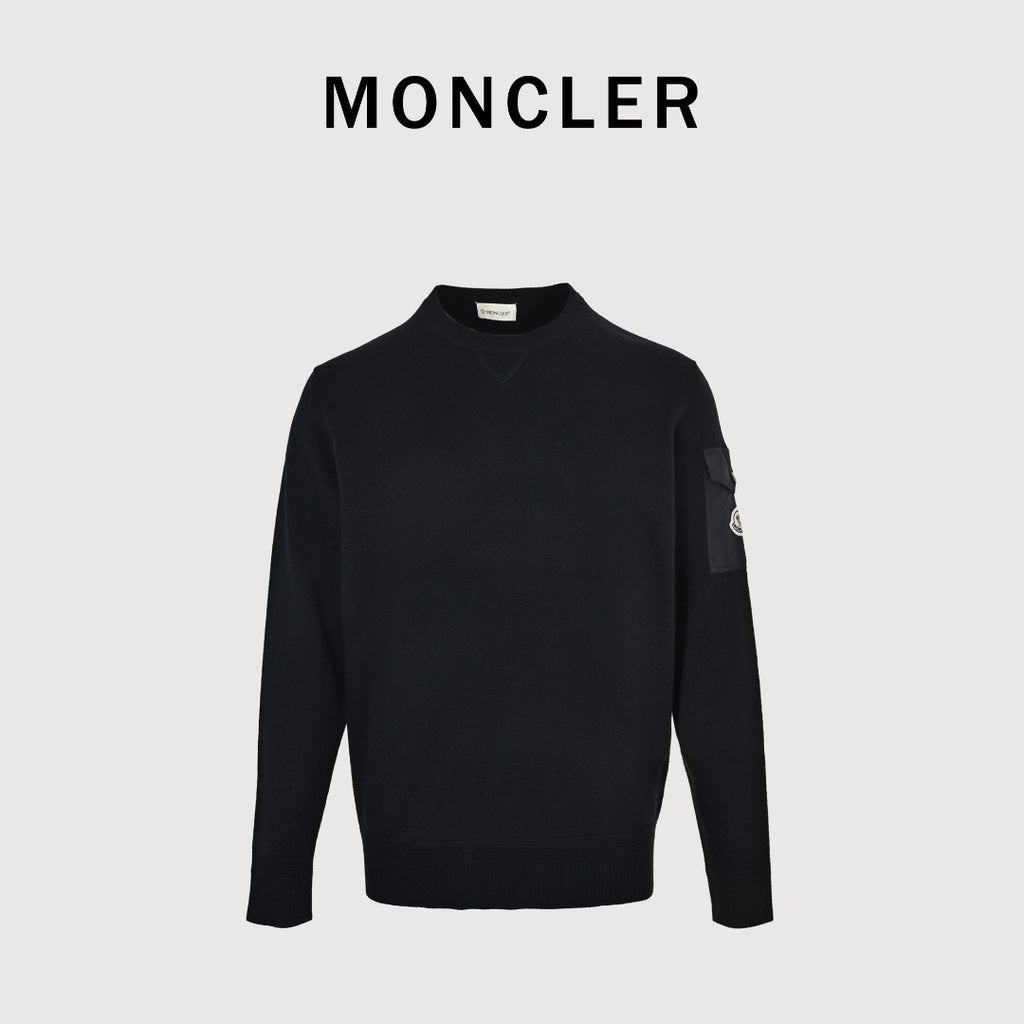 Moncler MC Black Crewneck Sweater with Sleeve Pocket