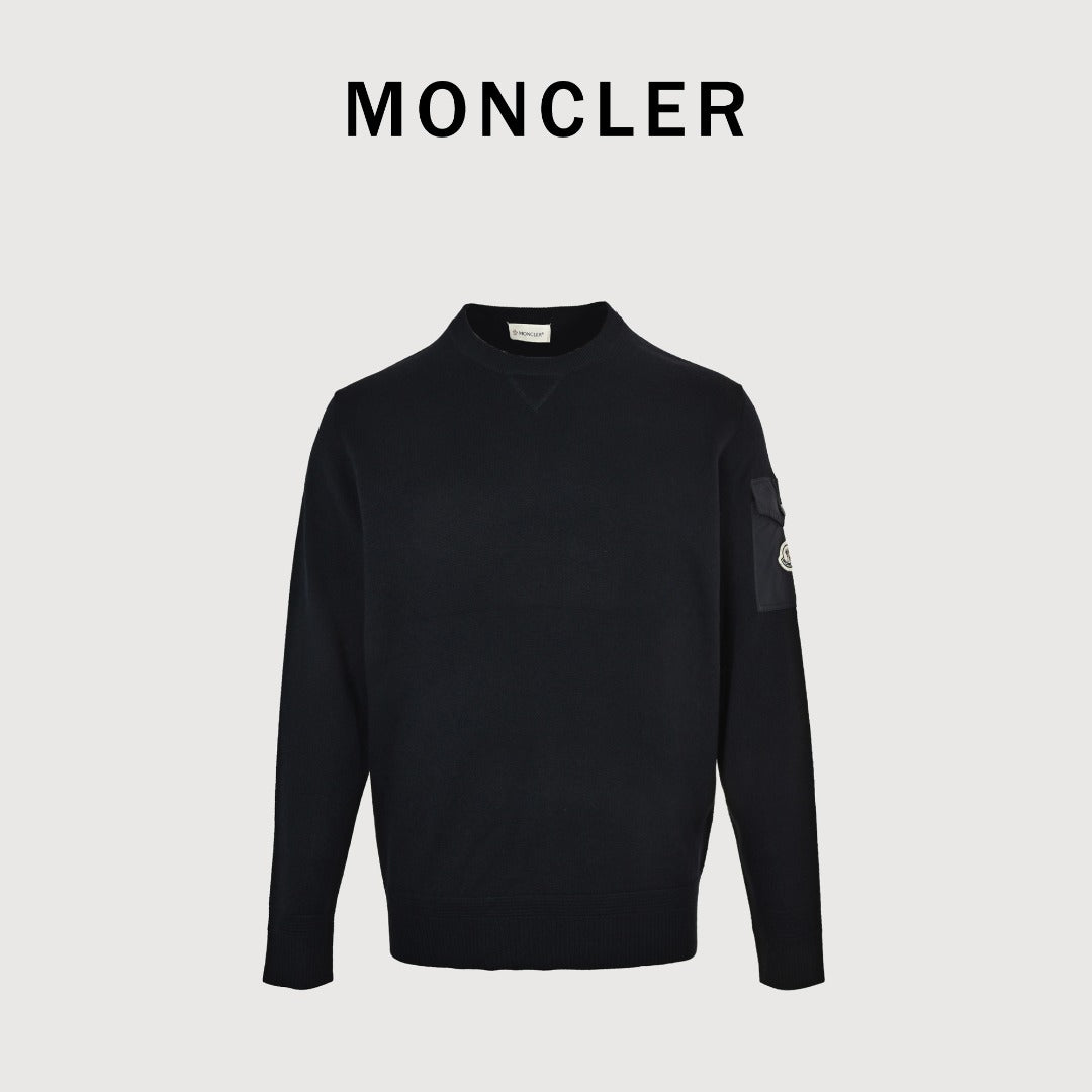 Moncler MC Black Crewneck Sweater with Sleeve Pocket