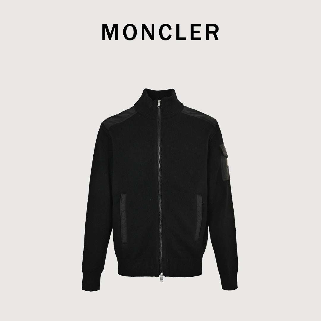 Moncler MC Black Knit Zip Cardigan with Nylon Sleeve Pocket