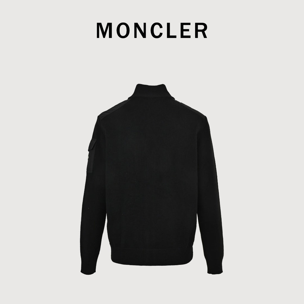 Moncler MC Black Knit Zip Cardigan with Nylon Sleeve Pocket