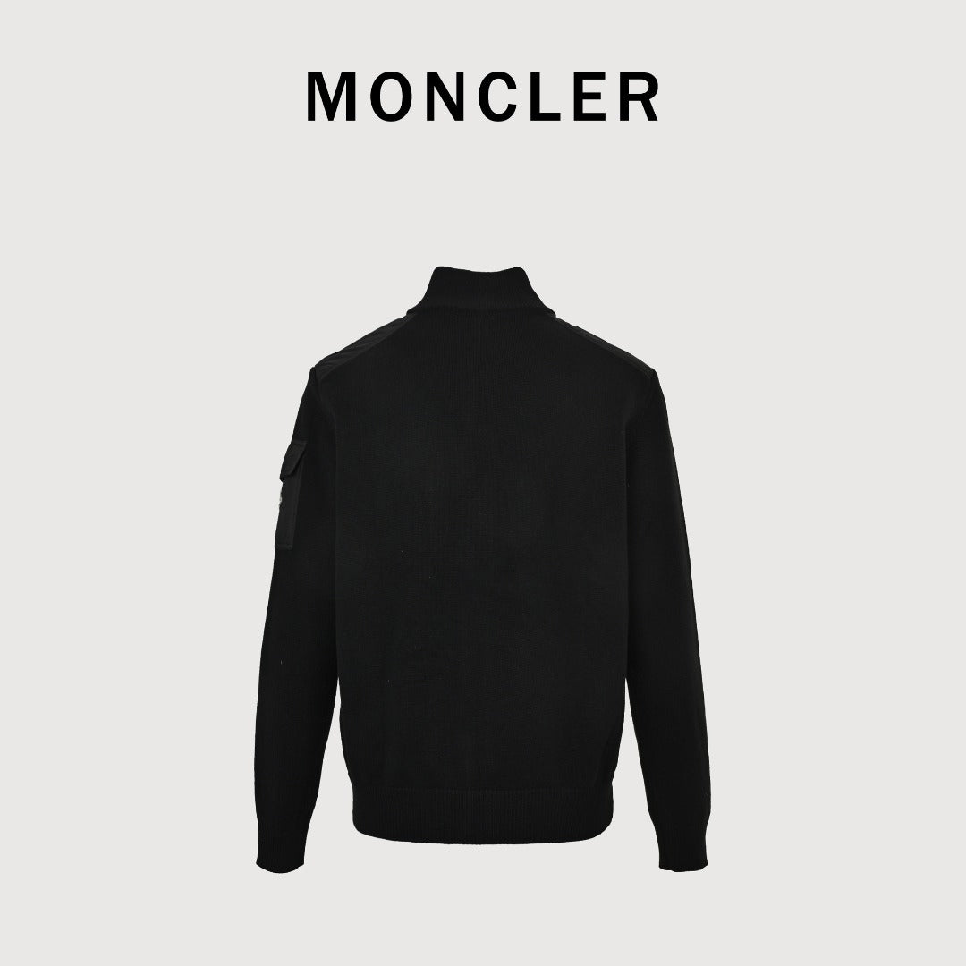 Moncler MC Black Knit Zip Cardigan with Nylon Sleeve Pocket