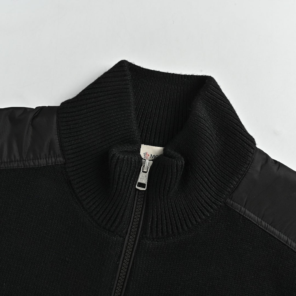 Moncler MC Black Knit Zip Cardigan with Nylon Sleeve Pocket