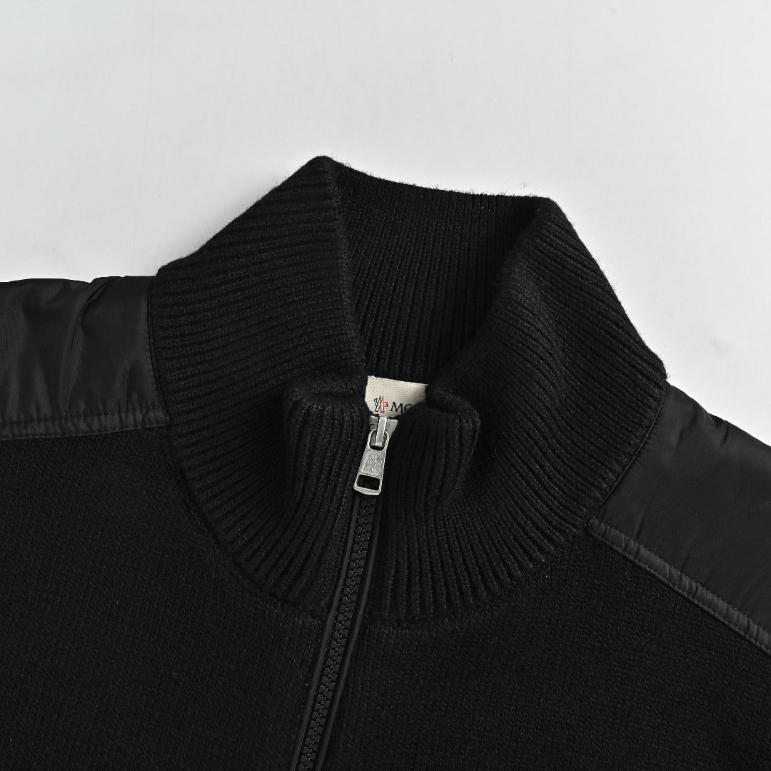 Moncler MC Black Knit Zip Cardigan with Nylon Sleeve Pocket