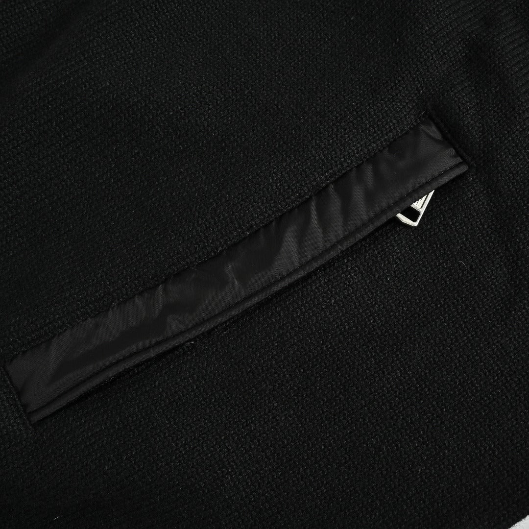 Moncler MC Black Knit Zip Cardigan with Nylon Sleeve Pocket