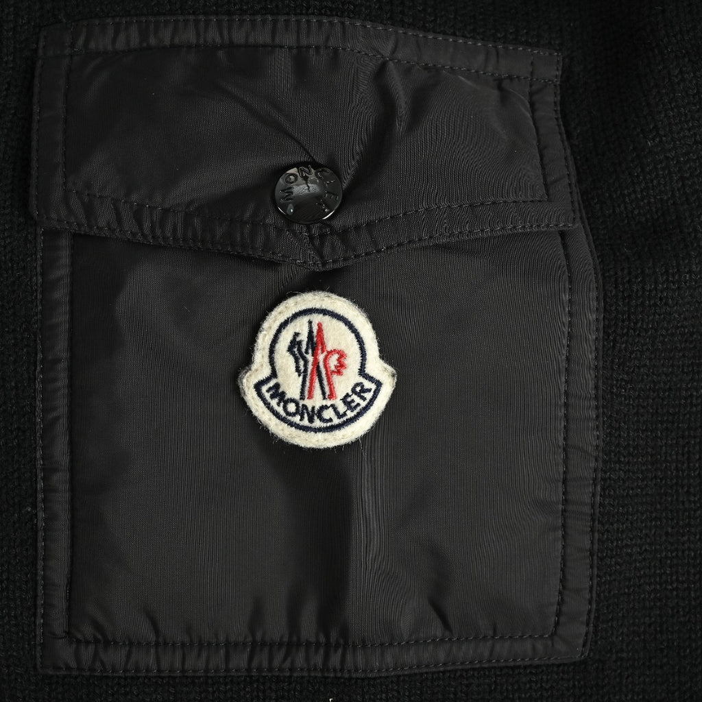 Moncler MC Black Knit Zip Cardigan with Nylon Sleeve Pocket