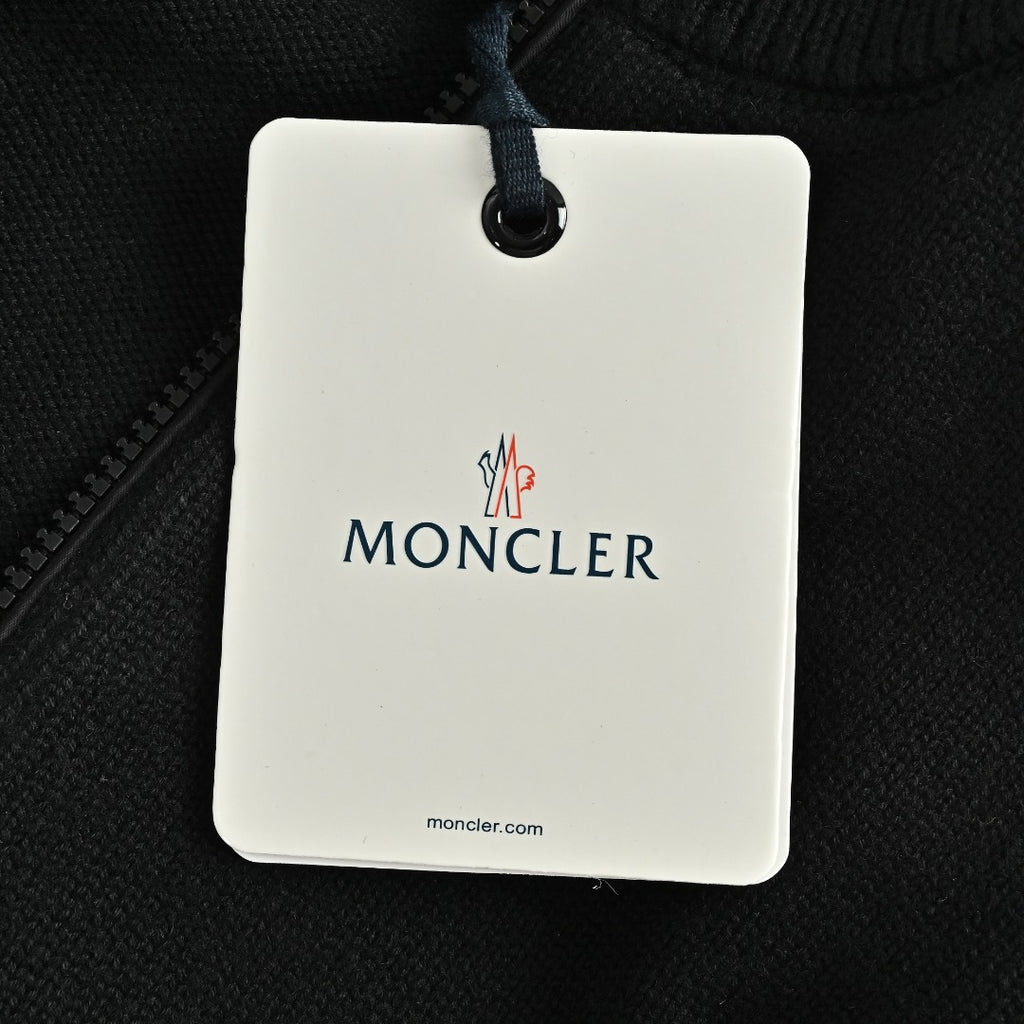 Moncler MC Black Knit Zip Cardigan with Nylon Sleeve Pocket