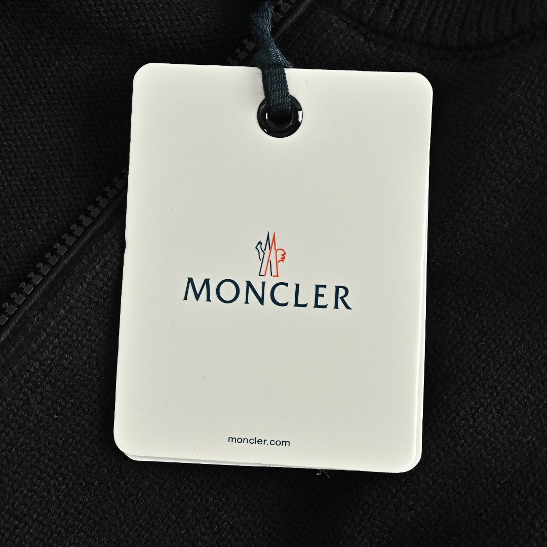 Moncler MC Black Knit Zip Cardigan with Nylon Sleeve Pocket