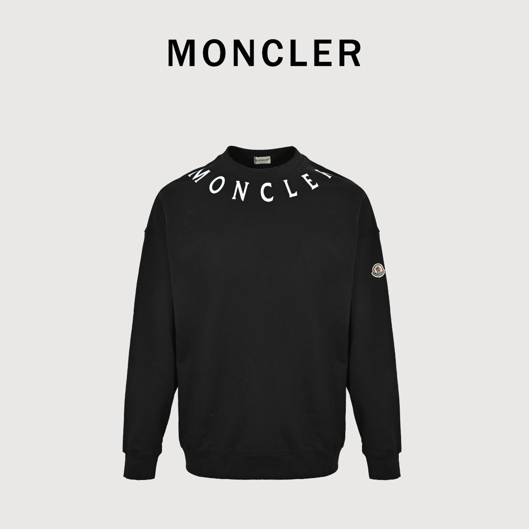 Moncler 2026 Spring/Summer Black Crewneck Sweatshirt with Curved Logo Lettering