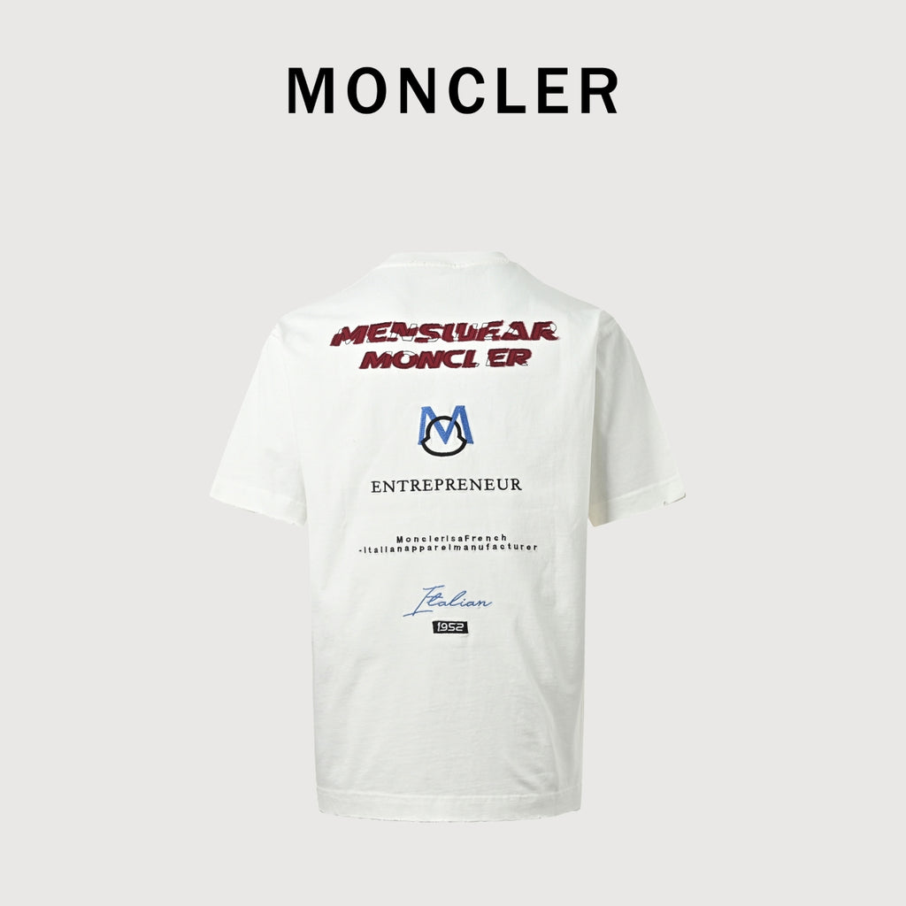Moncler 2026 Spring/Summer White T-Shirt with Front and Back Embroidered Patches