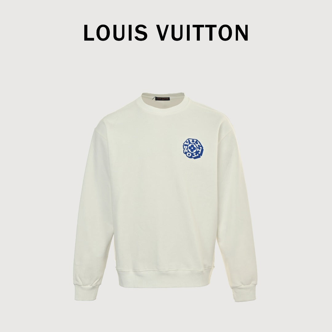 Louis Vuitton 2025 Fall/Winter Ivory Crewneck Sweatshirt with Blue Flocked Logo