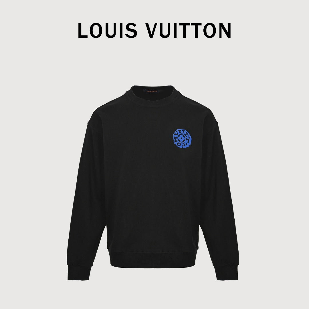 Louis Vuitton 2025 Fall/Winter Black Crewneck Sweatshirt with Blue Flocked Logo