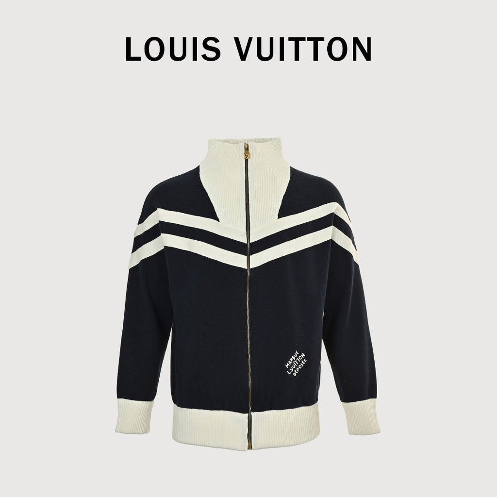 Louis Vuitton Black and Cream Colorblock Knit Zip Jacket with Chevron Stripes