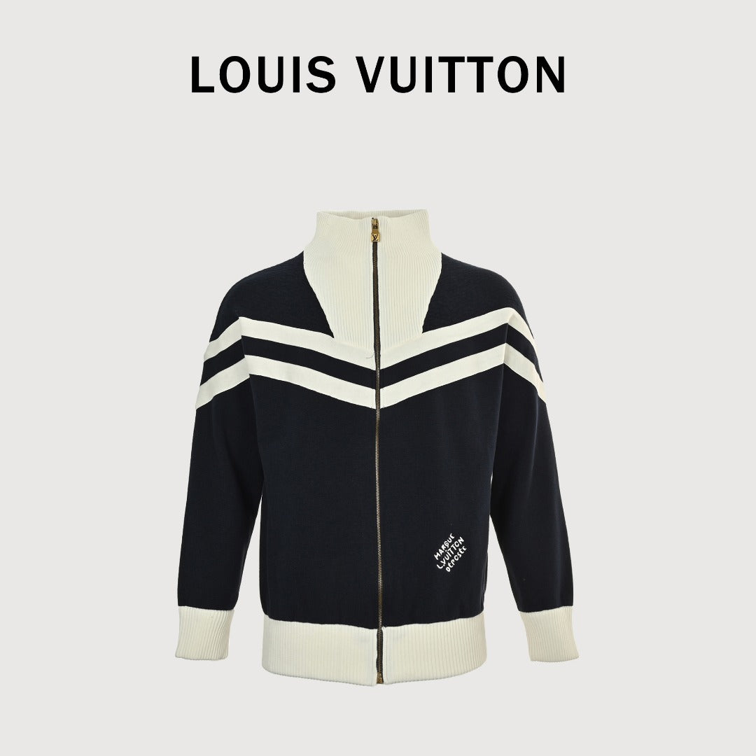 Louis Vuitton Black and Cream Colorblock Knit Zip Jacket with Chevron Stripes