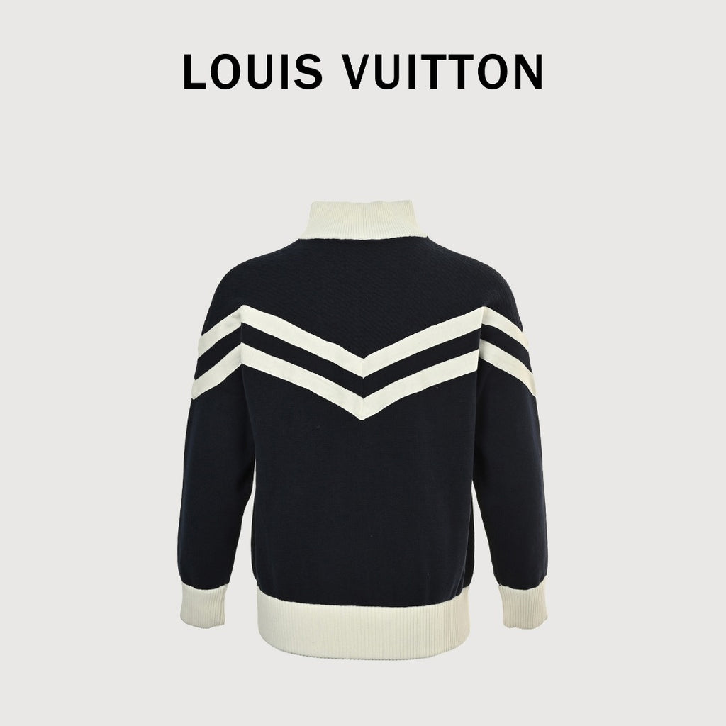 Louis Vuitton Black and Cream Colorblock Knit Zip Jacket with Chevron Stripes