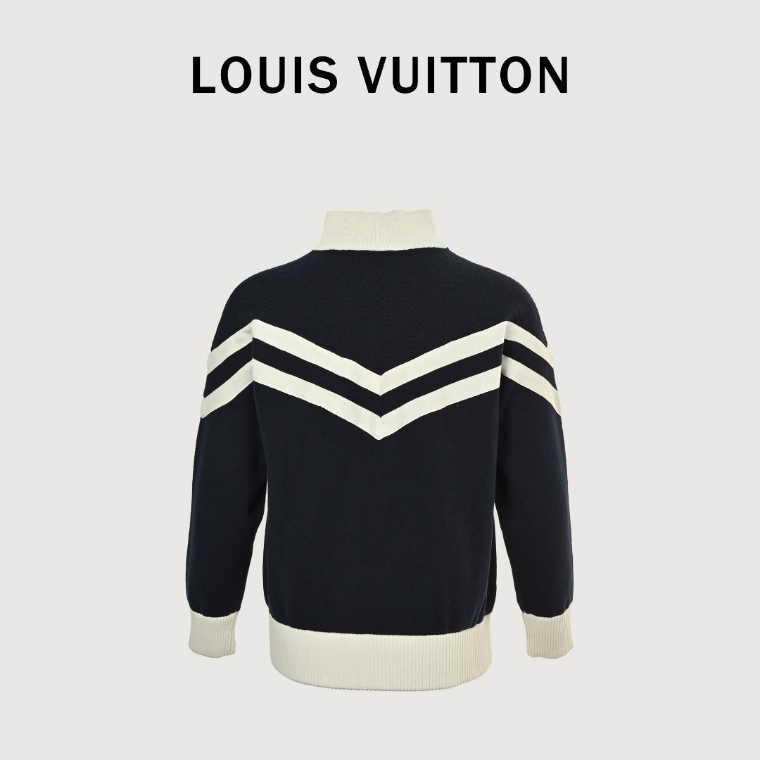 Louis Vuitton Black and Cream Colorblock Knit Zip Jacket with Chevron Stripes