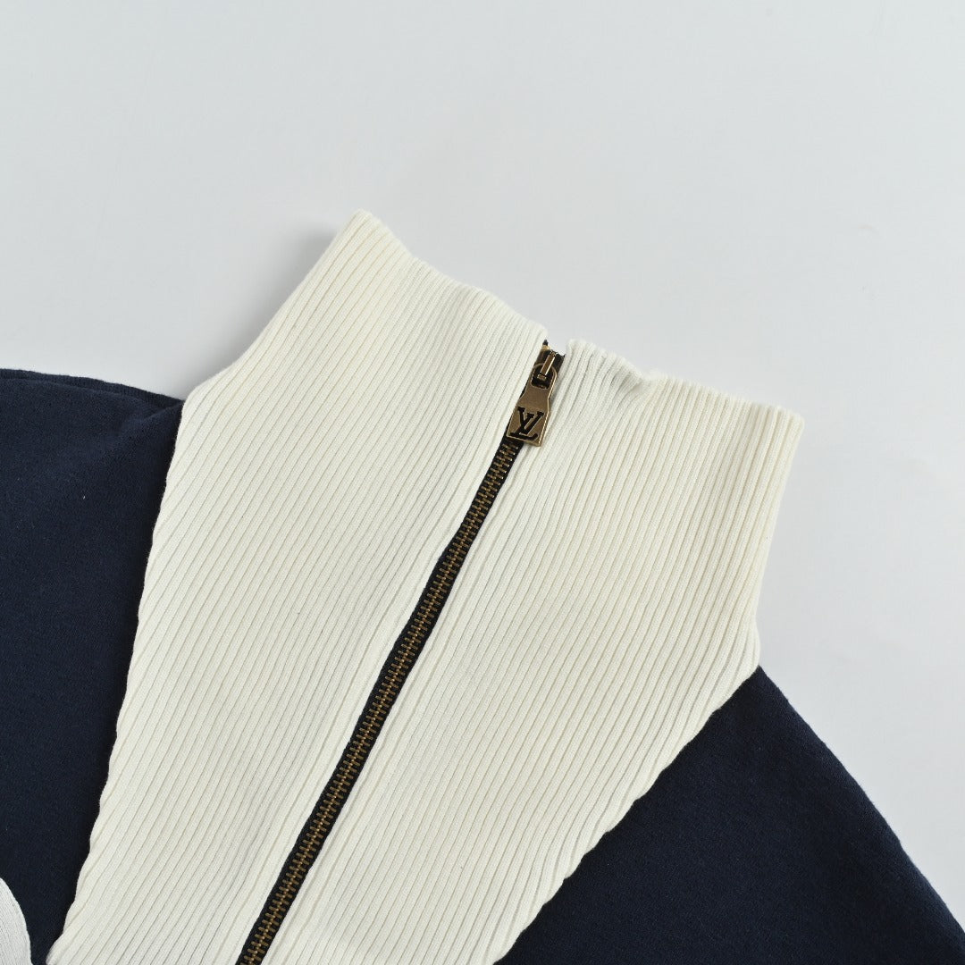 Louis Vuitton Cream and Black Colorblock Knit Zip Jacket with Chevron Stripes