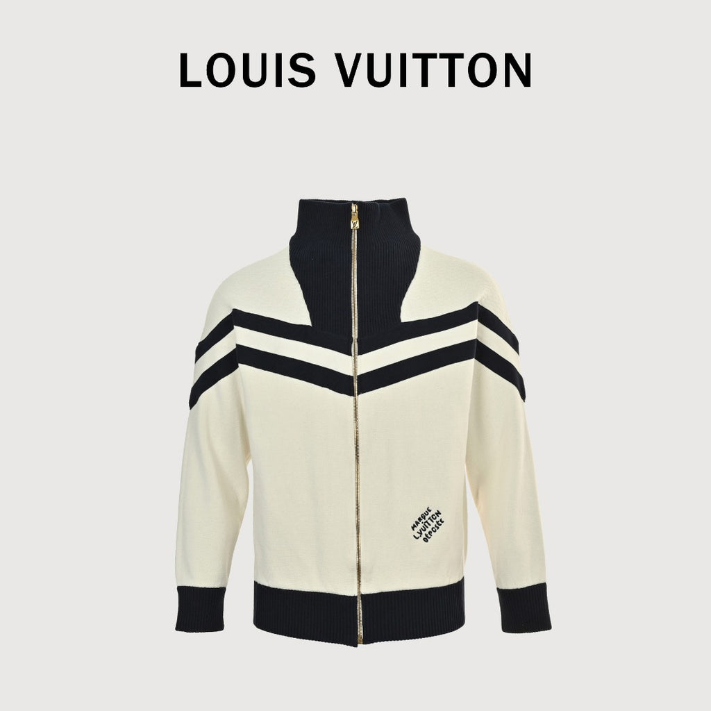 Louis Vuitton Cream and Black Colorblock Knit Zip Jacket with Chevron Stripes