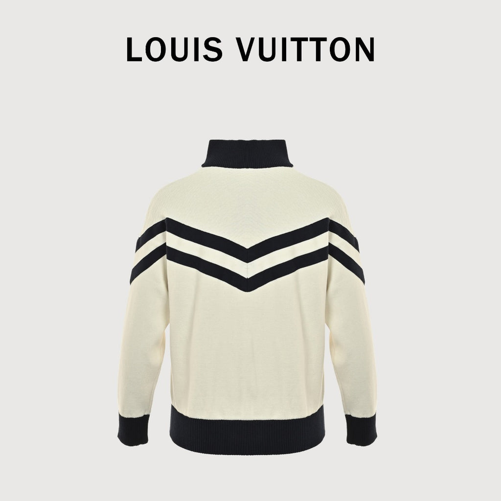 Louis Vuitton Cream and Black Colorblock Knit Zip Jacket with Chevron Stripes