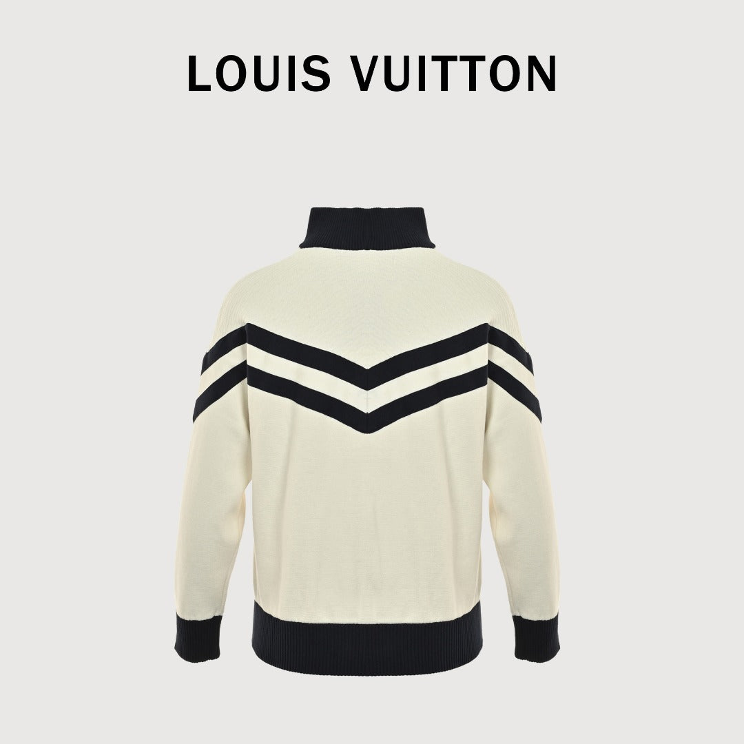 Louis Vuitton Cream and Black Colorblock Knit Zip Jacket with Chevron Stripes