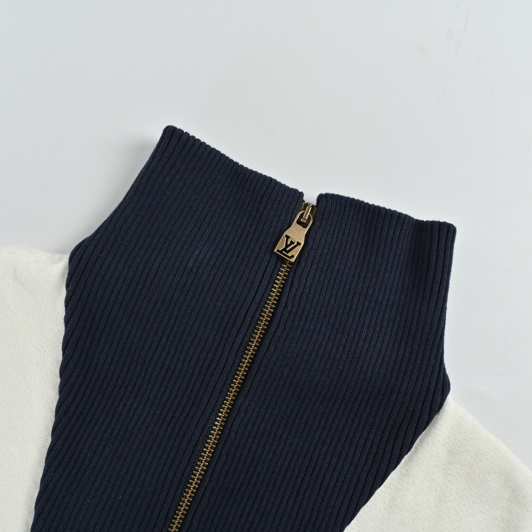 Louis Vuitton Cream and Black Colorblock Knit Zip Jacket with Chevron Stripes