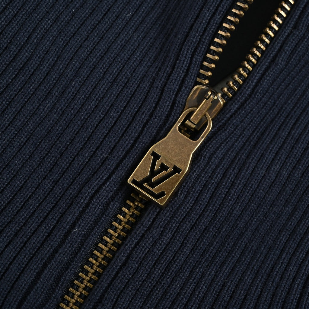 Louis Vuitton Cream and Black Colorblock Knit Zip Jacket with Chevron Stripes