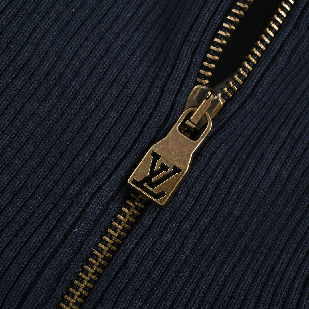 Louis Vuitton Cream and Black Colorblock Knit Zip Jacket with Chevron Stripes