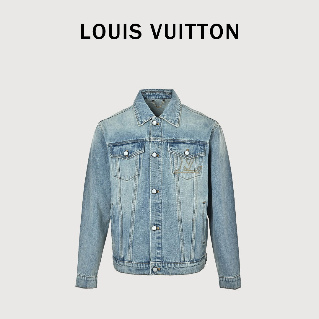 Louis Vuitton Light-Wash Denim Trucker Jacket with Embroidered Truck Motif