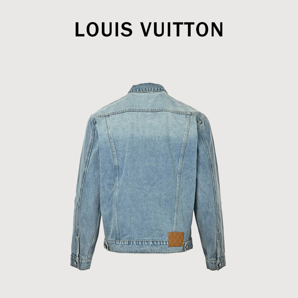 Louis Vuitton Light-Wash Denim Trucker Jacket with Embroidered Truck Motif