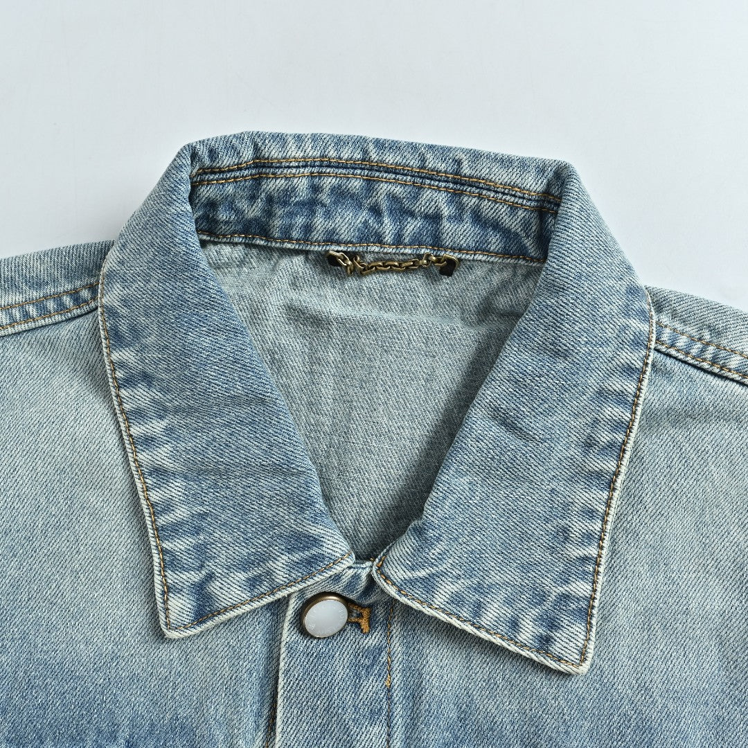 Louis Vuitton Light-Wash Denim Trucker Jacket with Embroidered Truck Motif