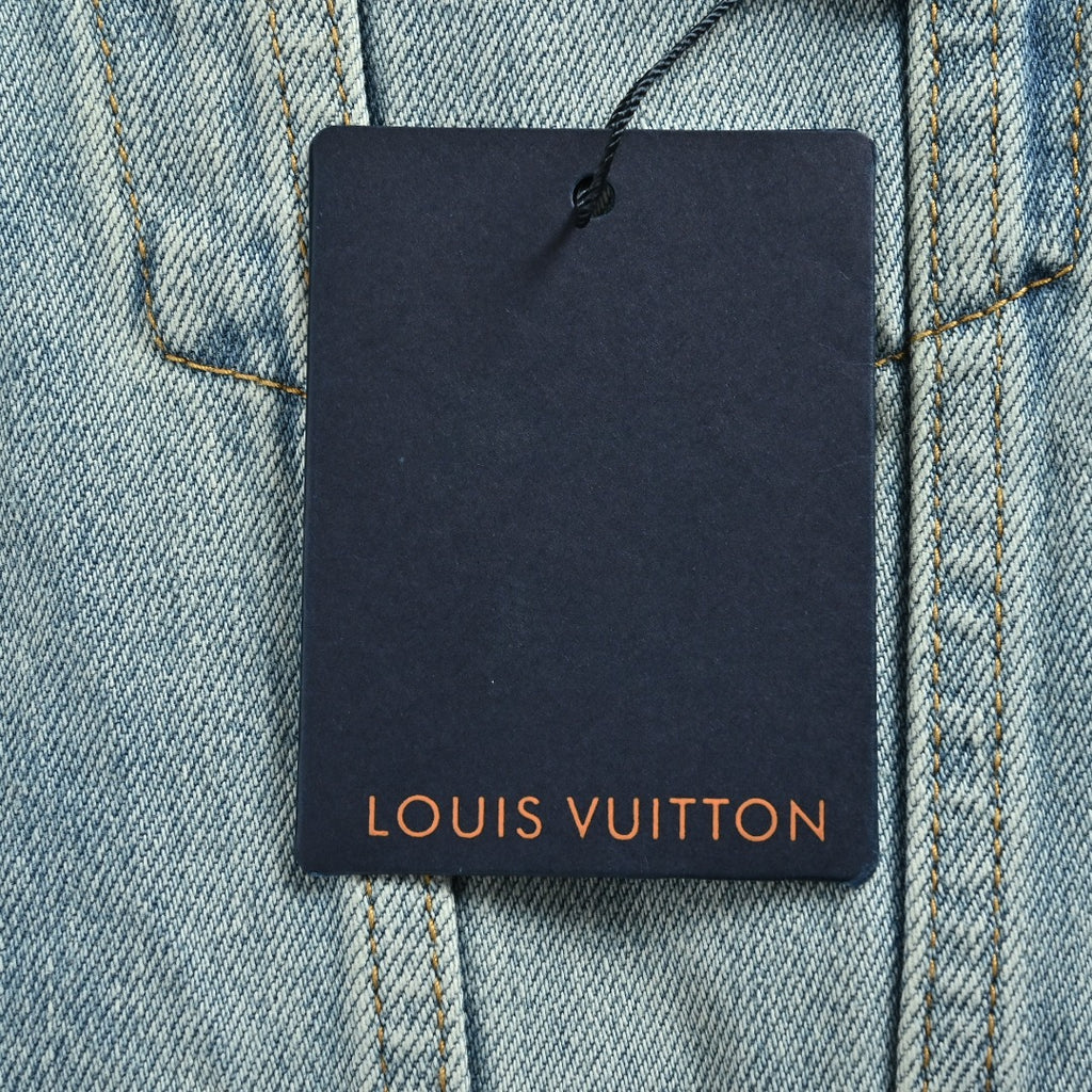 Louis Vuitton Light-Wash Denim Trucker Jacket with Embroidered Truck Motif